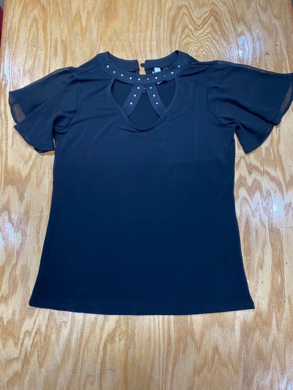NY Collection Blouse Top Womens PM Blue Chiffon Short Bell Sleeve Stylish B61